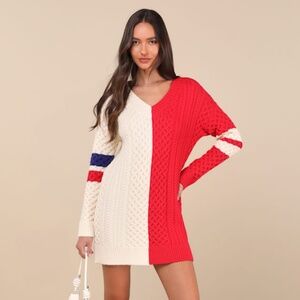 Lulus Bold Comfort Ivory And Red Color Block Cable Sweater Mini Dress - Size S